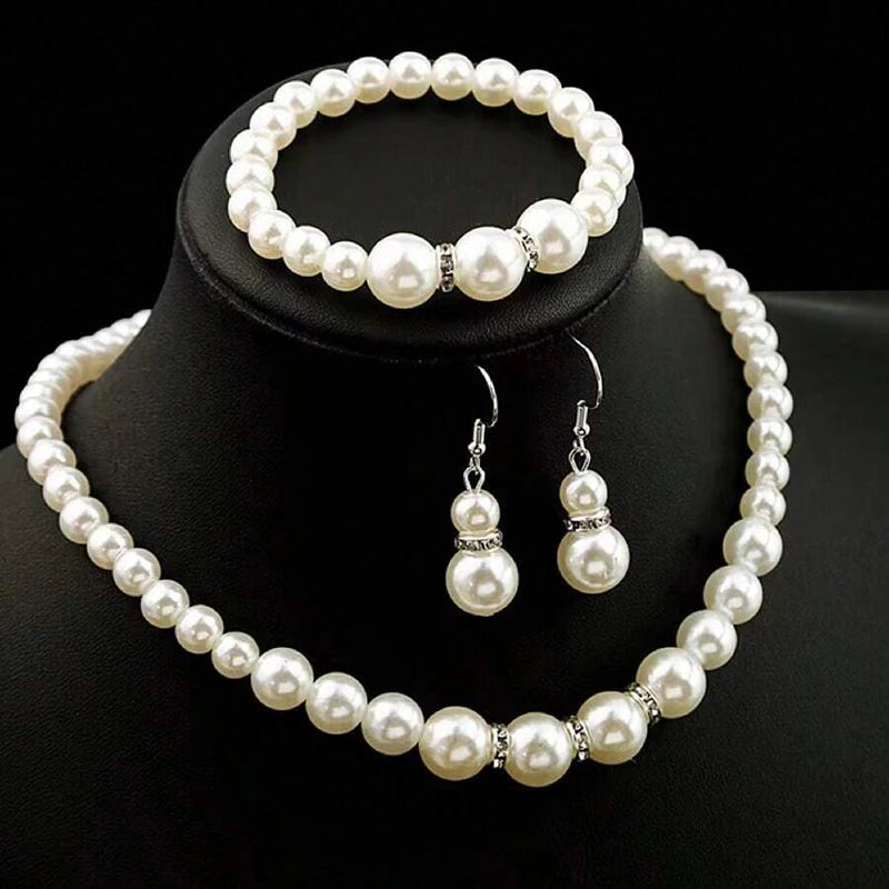 Bulbusbow Fashion Pearl Jewelry Set including double-layer simulated pearl necklace, earrings, and bracelet