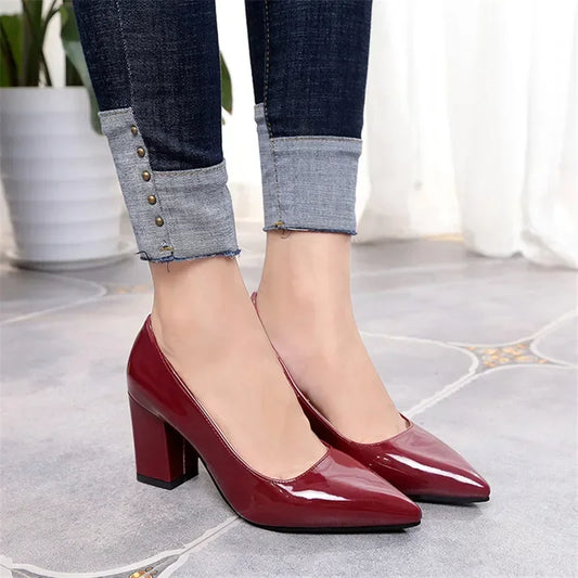 New Women Pumps Black High Heels  Lady Patent Leather Shallow Thick with Autumn Pointed Single Shoes Slip-On Female Shoes