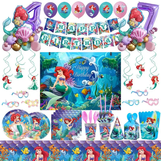 Disney The Little Mermaid Birthday Balloons Ariel Princess Paper Plates Napkins Cups Tablecloth Kids Party Decorations Supplies