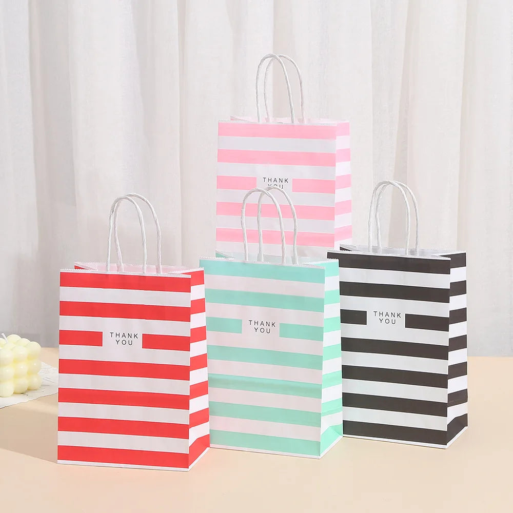 StoBag, Striped Paper Gift Bags with Handles, Thank You for Gifting, Party supplies, wedding, Baby Shower, Reusable, 12/30pcs