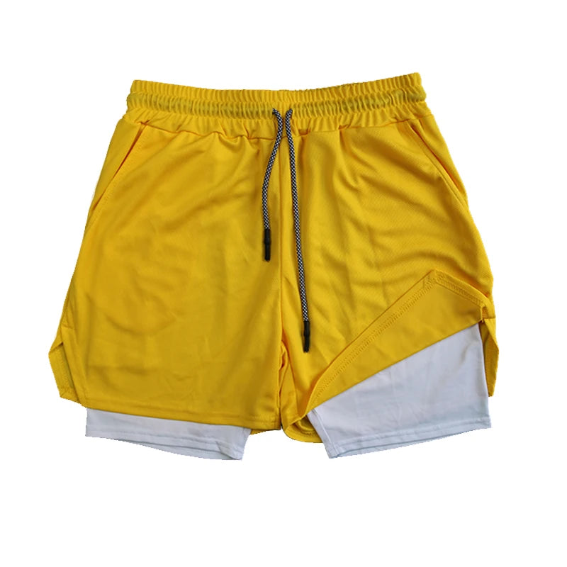 Men's Double Layer Fitness Shorts Drawstring Mesh Lining Elastic Waist Breathable Quick Dry to Beach Pool Summer Male