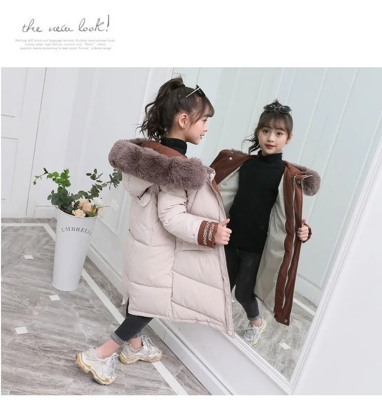 New Girls clothing Winter Warm down Cotton Jackets Children parka faux Fur Collar Coat Girl Thicken overalls Hooded kids Clothes