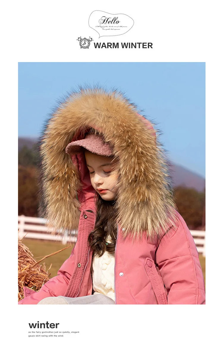 RAISE 2024 Winter Down Jackets For Grils 5-14Y Kids Junior Girl Parkas Real Raccoon Fur Solid Waterbreaker Babys Girls Outerwear