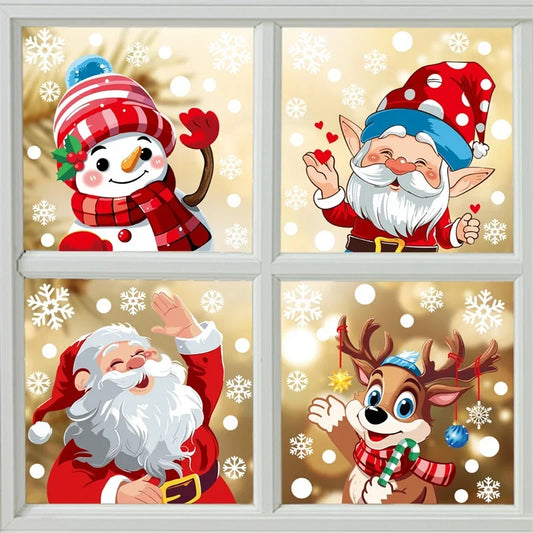 Merry Christmas 2024 Window Decoration Stickers Electrostatic Glass Decals Santa Claus Snowman Snow Flake Pattern Xmas Ornaments