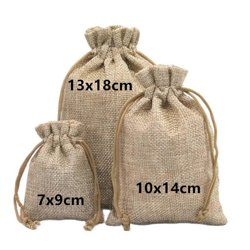 50 Pcs Wedding Small Jute Bags with Paper Tags Christmas New Year Party Gift Thank You Drawstring Pouches Jewelry Package Sacks