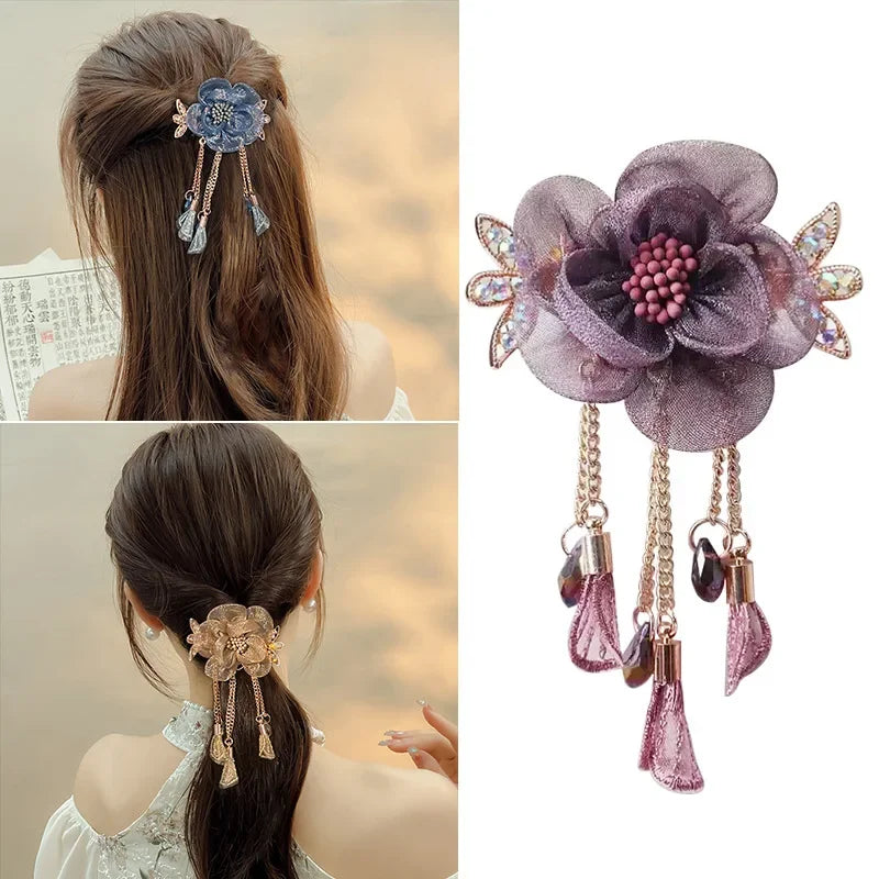 Fashion Silk Yarn Flower Tassel Hairpin Hair Accessories for Women Exquisite Alloy Crab Clip Headwear Hair Clips for Girls Gift