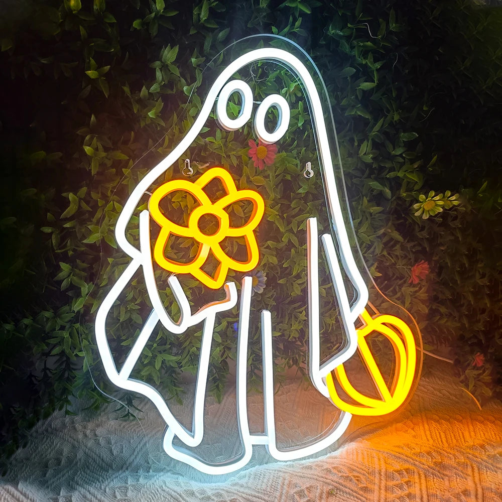 Cute Ghost Neon Sign Dimmable Led Lights Up Sign Halloween Decoration USB Powered For Home Party Living Room Shop Bar Wall Neon