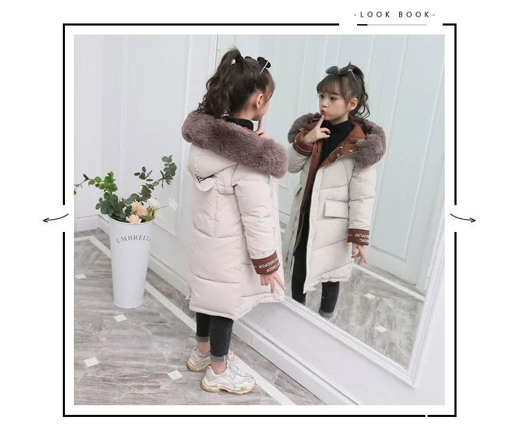 New Girls clothing Winter Warm down Cotton Jackets Children parka faux Fur Collar Coat Girl Thicken overalls Hooded kids Clothes