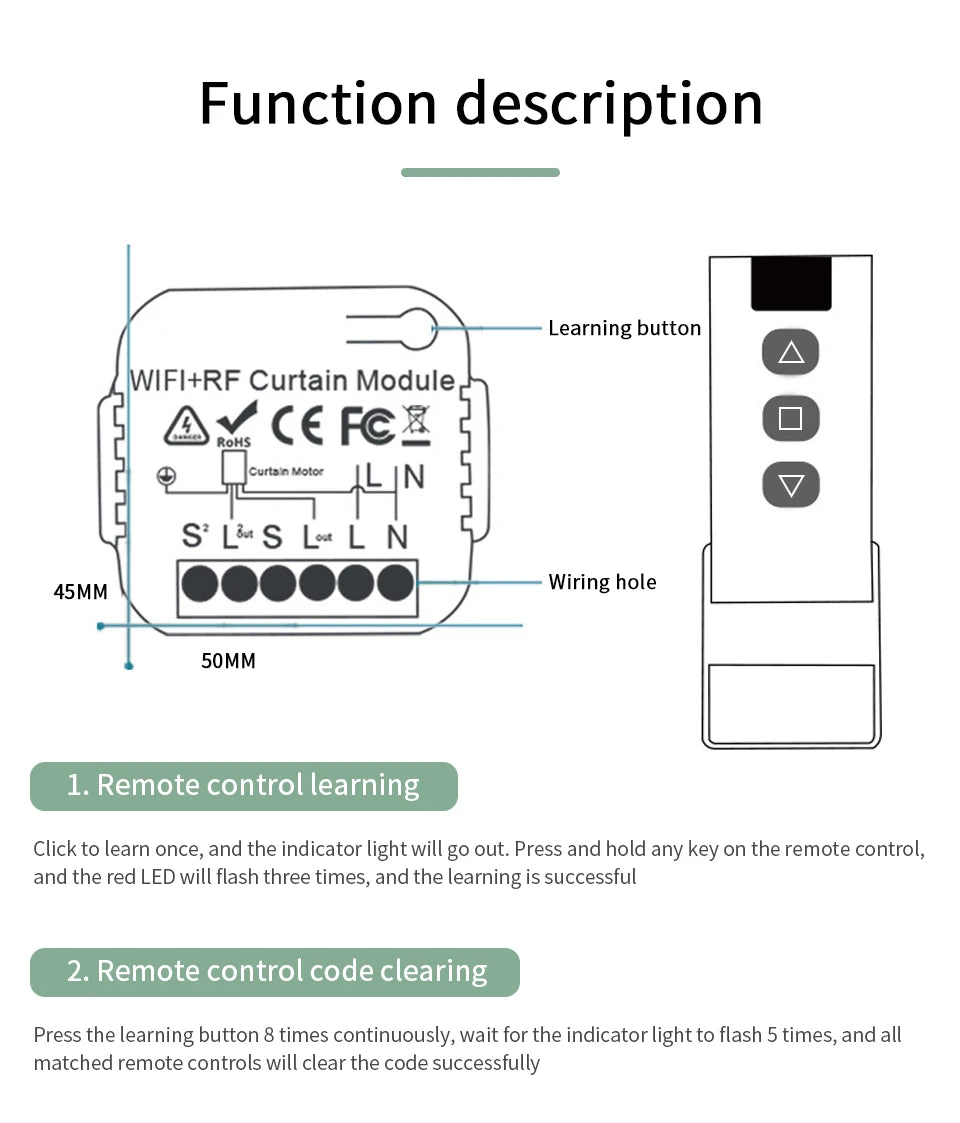 Tuya Smart WiFi Curtain Switch Blind Rolling Shutter RF433MHz Remote Control For Smart Life App Support Google Home Alexa