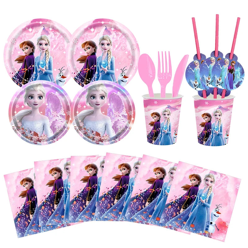 Elsa Frozen Birthday Decoration Frozen Theme Child Party Decor Supplies Tableware Set Plates Cup Tablecloth Background Candy Bag