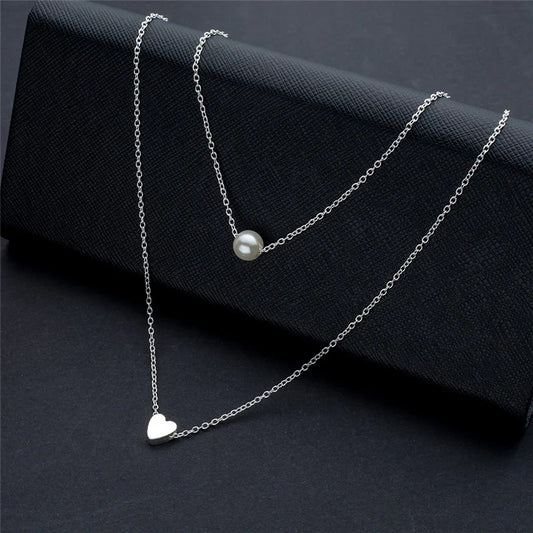 925 Sterling Silver Double-Layer Layered Pearl Necklace Fashionable Love Pendant Collarbone Chain Temperament Luxury Jewelry