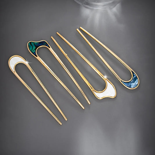 Bulbusbow Fashion Luxury Silver Gold Enamel Shell Hairpin – Elegant Geometric U Shape Metal Hair Stick for Women | Trendy Hair Accessories Jewelry by RaviMour