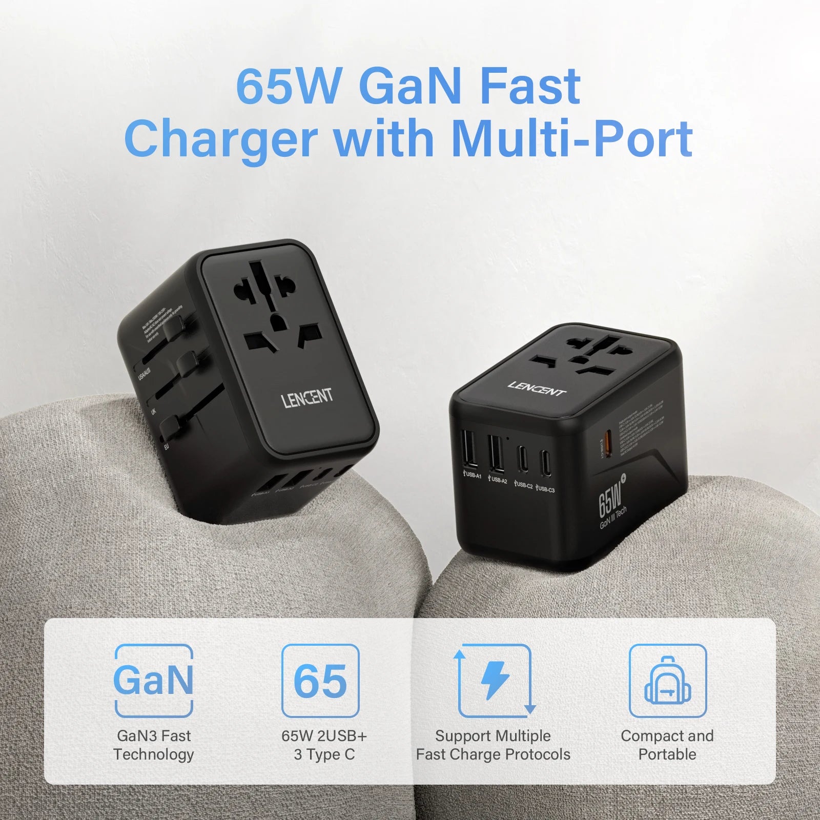 适用于 Apple 和 Samsung 的 65W 通用旅行适配器，带 2 个 USB 端口 3 个 C 型快速充电电源适配器，欧盟/英国/美国/澳大利亚插头，适合旅行