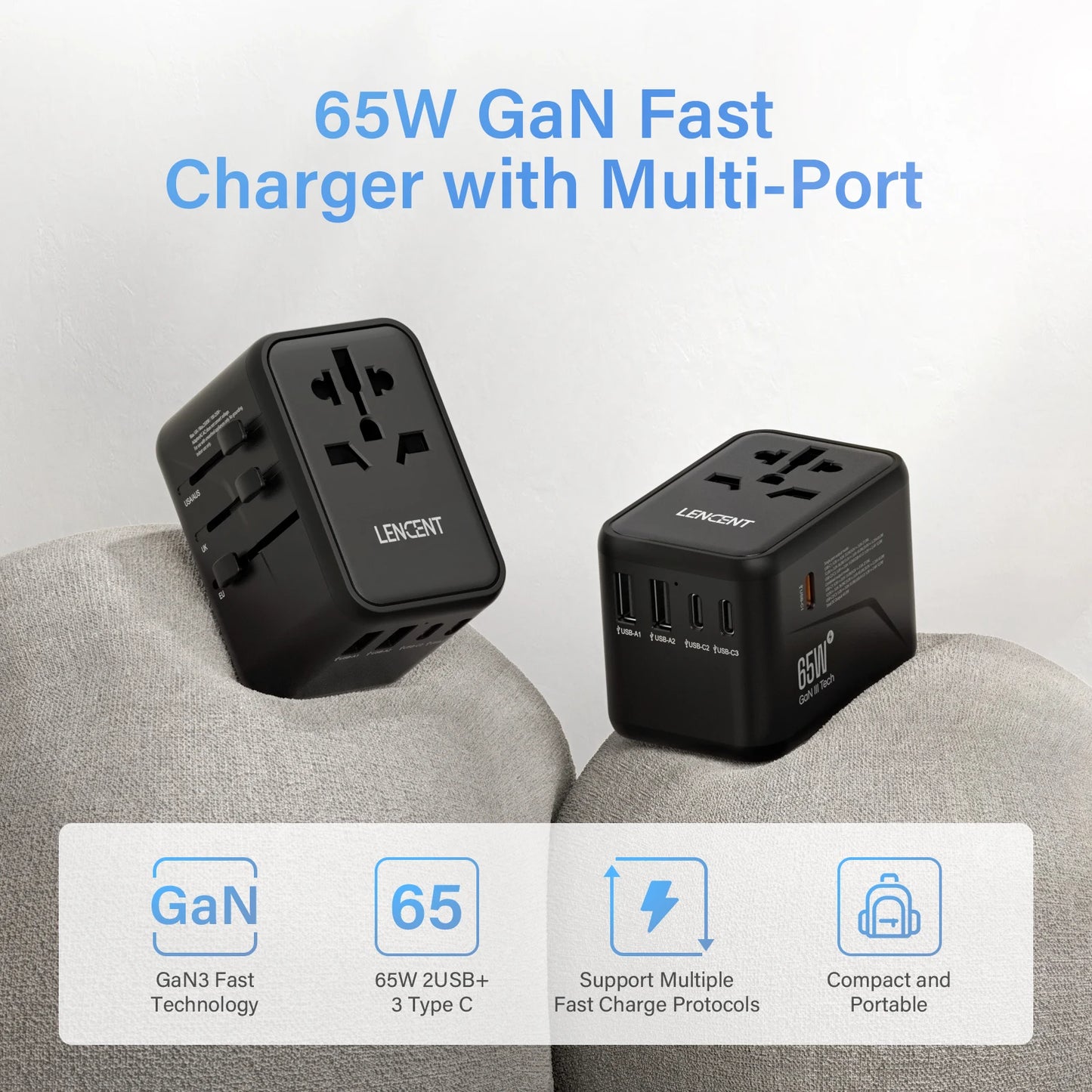 Bulbusbow Universal 65w Travel Adapter with 2 USB Ports and 3 Type-C Fast Charging for Worldwide Travel