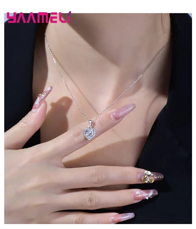 Romatic Birthday Valentines Day Gift Luxury 925 Sterling Silver Color Jewelry Sets Cubic Zircon Heart Ring Necklace Earrings