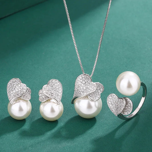 925 Sterling Silver Double Heart with Big Pearl Earrings Necklace Ring Set for Women Fashion Zircon Charm Ladies Wedding Jewelry