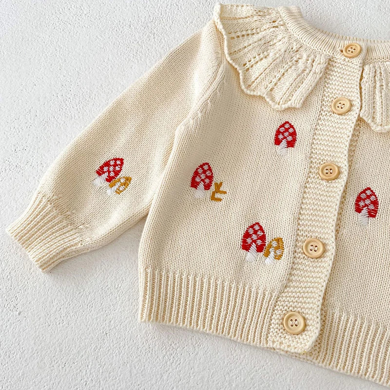 Baby Girl Knit Cardigan  0-3Y | Autumn Winter Cotton Sweater with Embroidered Mushrooms | Toddler and Kids Girls' Coat