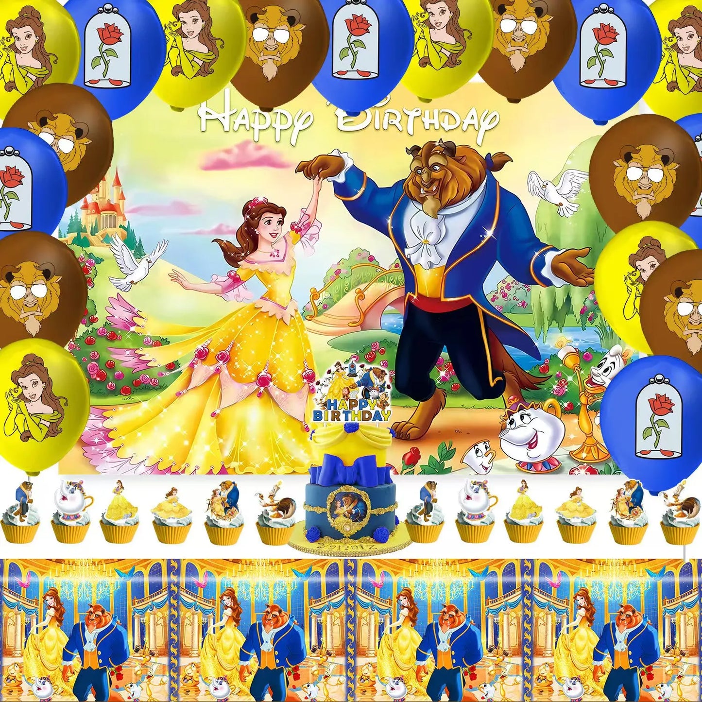 Disney Beauty And The Beast Birthday Party Decoration Supplies Beauty Beast Theme Tableware Set Belle Princess Balloons For Girl