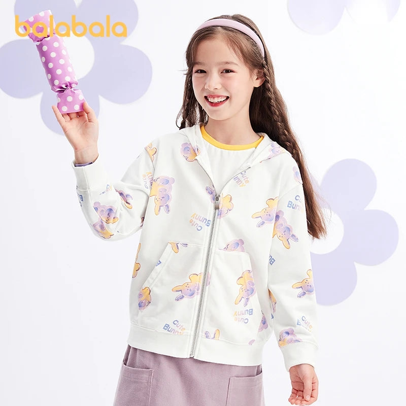 Balabala Kids Girl Jackets Spring and Autumn Hooded Rabbit Print Sweet Knitted Long-Sleeve Jacket