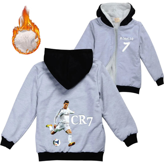 CR7 Outdoor Jacket For Children Winter Hooded Warm Windbreaker Casual Baby Boy Velvet Thick Coats Kids Clothing Fur