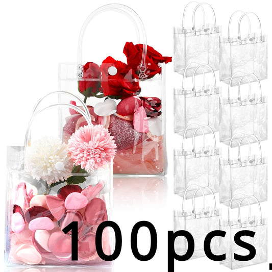 100Pcs Transparent Gift Bags,PVC Clear Plastic Gift Bags with Handle Transparent Reusable Tote Gift Bag Wedding Party Supplies