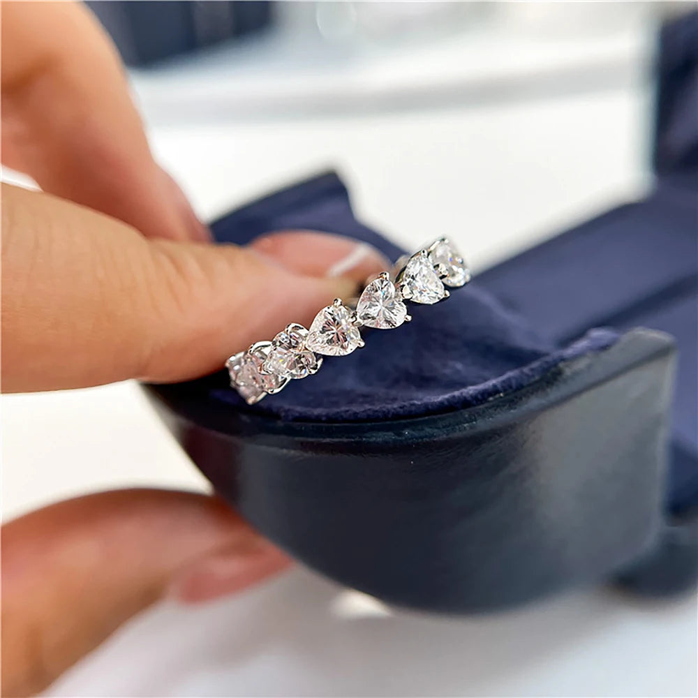 Heart Shaped Full Moissanite Diamond Eternity Ring for women 925 Sterling Silver Wedding Band Promise Engagement Rings with Gra