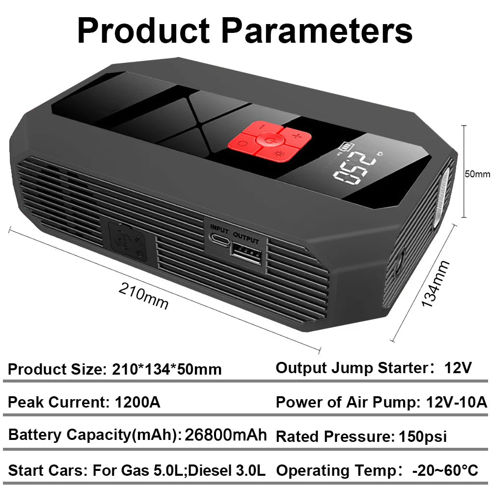 New 1200A 26800mAh Car Jump Starter 4 In 1 Pump Air Compressor Starting Device Power Bank 12V Digital Tire Inflator 150PSI