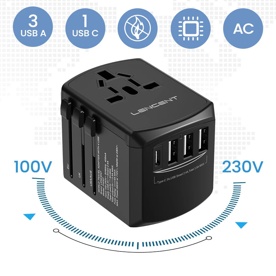 LENCENT Universal Travel Adapter All-in-one Travel Charger with 3 USB Ports and 1 Type C Wall Charger for US EU UK AUS Travel