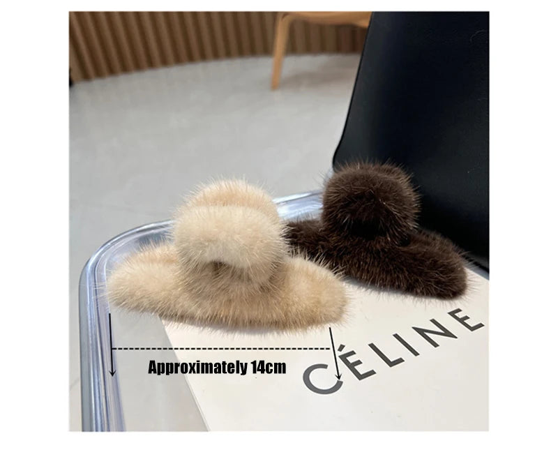 Real Mink Fur Barrettes Winter Fluffy Hair Claw Elegant Acrylic Hairpins Clip Crab Headwear for Women Girls Hair Accessories