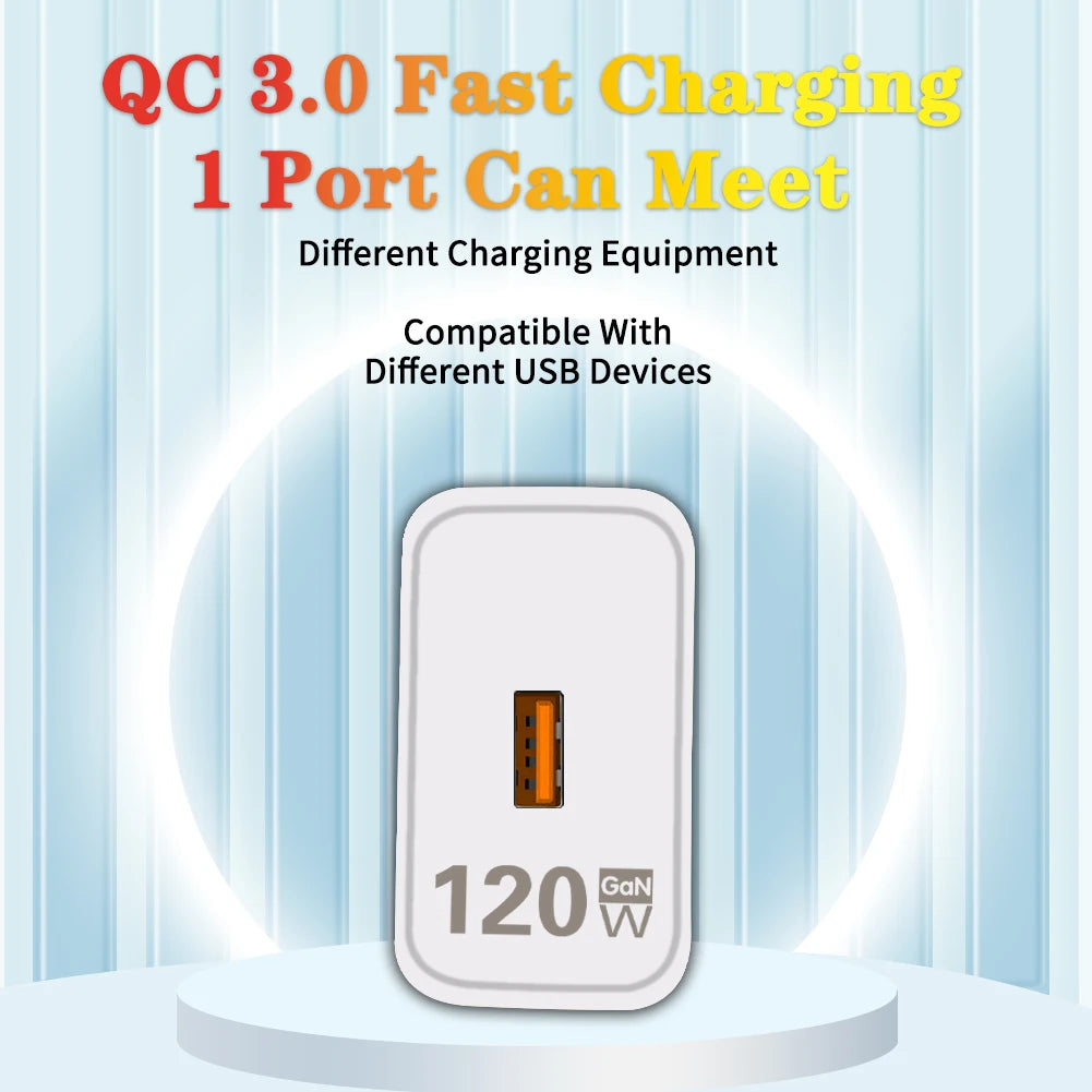 120W GaN 充电器 Quick Charge3.0 快速充电壁式电源适配器适用于三星 iPad 小米 iPhone 手机充电器欧盟/美国插头