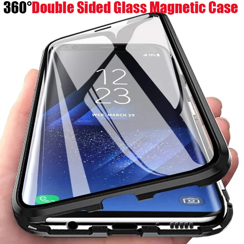 360°Full Protection Metal Magnetic Phone Case For Samsung S24 Ultra Plus S23FE A55 A35 A15 Double-Sided Glass Bumper Cover