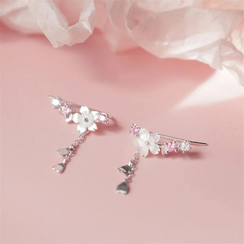 925 Sterling Silver Cherry Blossoms Tassel Charm Piercing Stud Earring For Women Girls Jewelry Pendientes Accessories