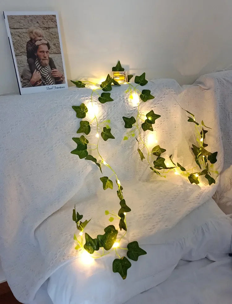 2Meter Green Leaf Ivy Vine with LED Lights String for Home Bedroom Decor Wedding Glowing Artifical Plant Garland Home Decor