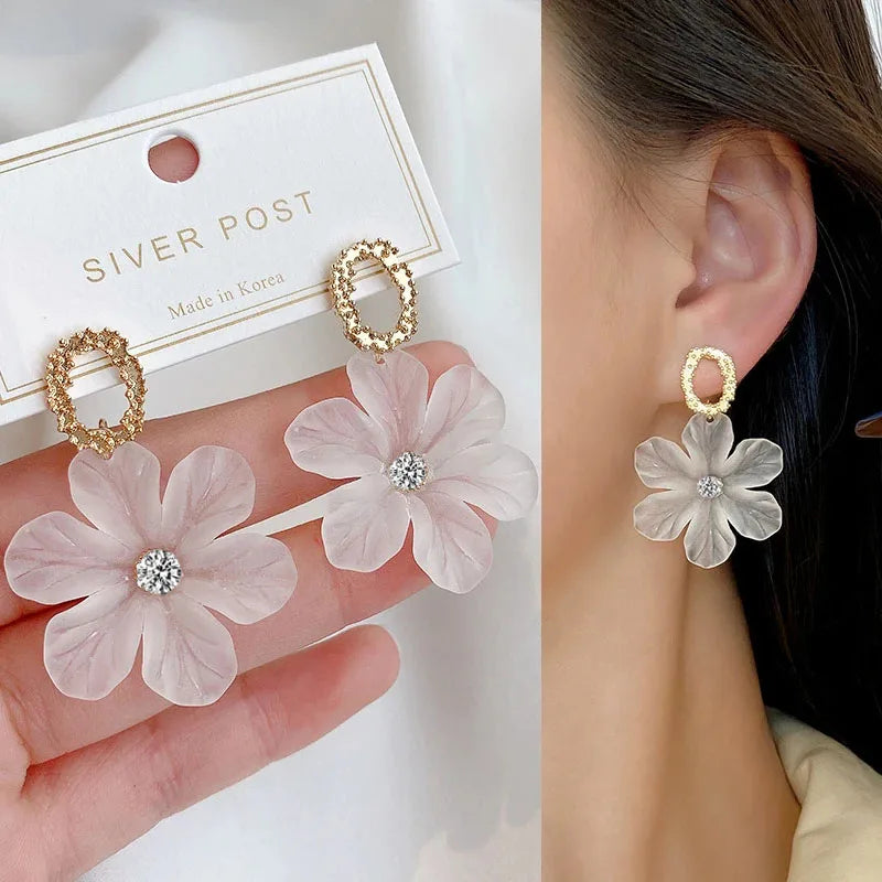 Bulbusbow Translucent White Flower Hanging Earrings – Rhinestone Ball Drop Earrings for Women | Cute Romantic Acrylic Plant Pattern Designs