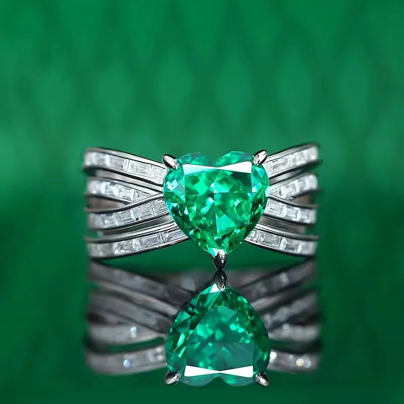 Bulbusbow ZOCA 925 Sterling Silver Heart Ring with Ice Cut Zircon and Emerald Paraiba Gems