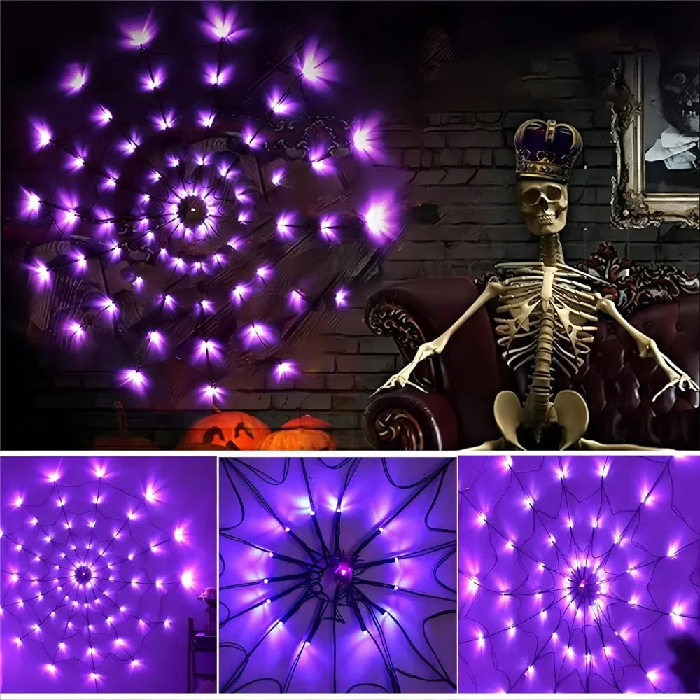 Halloween Decor 70LED 1.2m Spider Web Lights Waterproof Spider Net Lights Halloween Purple String Light Outdoor Home Party Decor