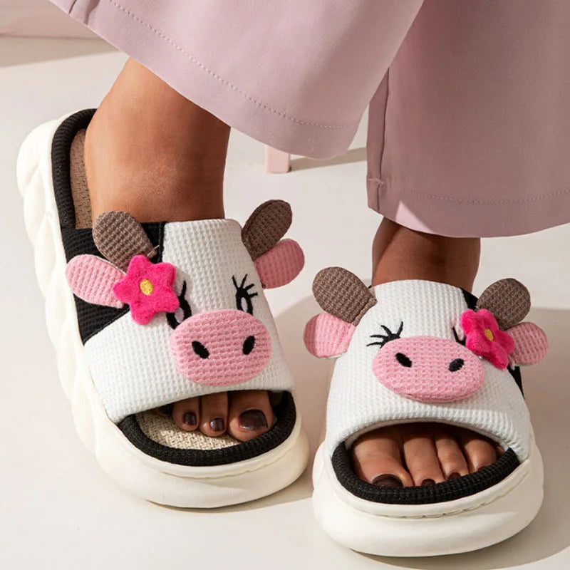 Family home platform slipper cartoon cow trampling shit feeling ladies dormitory four seasons linen slipper man