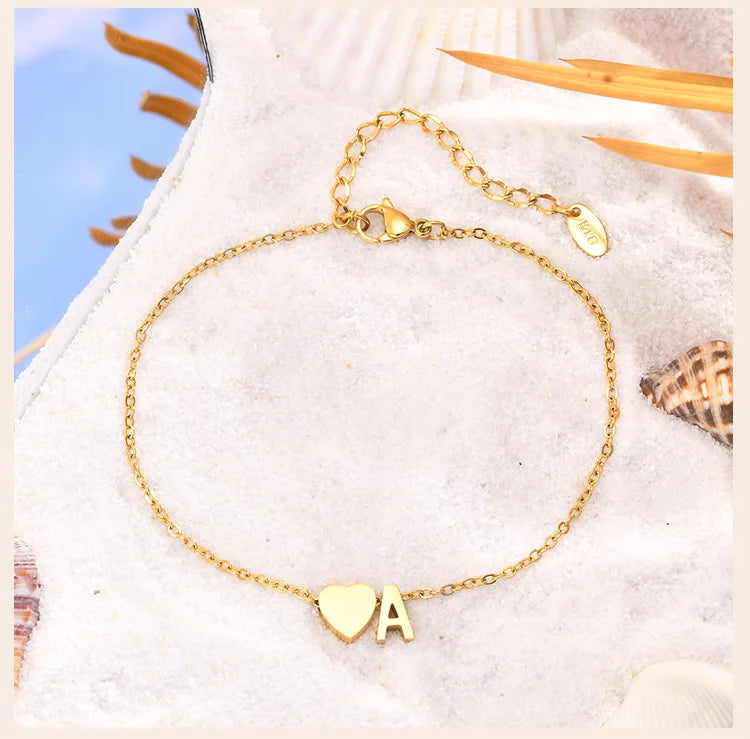 Women Heart Initial Anklet Bracelets Adjustable Beach Jewelry Hypoallergenic Stainless Steel Personalized Name Foot Chain Anklet