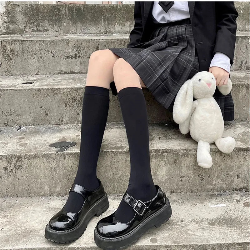 Solid Color Black White Long Socks Stockings JK Japan Style School Girls Thigh High Stockings Lolita Kawaii Cute Knee High Socks