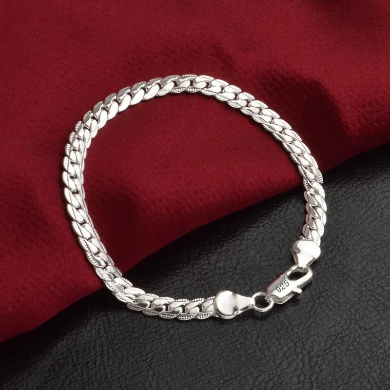 925 Sterling Silver Bracelet 5mm 20cm Flat Side Chain Lobster Clasp Bracelet For Woman Man Party Wedding Engagement Jewelry Gift