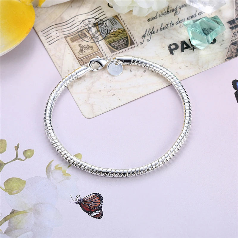 LiHong 925 Sterling Silver 3mm Snake Chain 8 inches Basis Bracelet For Woman Charm Wedding Engagement Fashion Party Jewelry