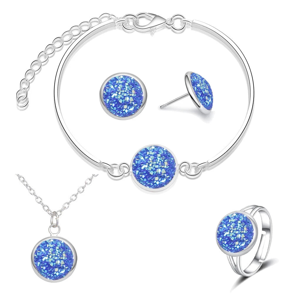 Luxury Quality Quartz Rhinestone Jewelry Sets for Women | Bulbusbow | Simple Round Earrings and Necklace Set | Bridal 4 Piece Silver Plated Jewelry