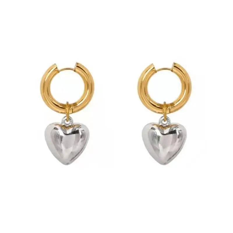 Bulbusbow Statement Minimalist Gold & Silver Heart Pendant Hoop Earrings for Women – Trendy Mixed Metal Drop Earrings | Elegant Korean Street Style Jewelry Gift