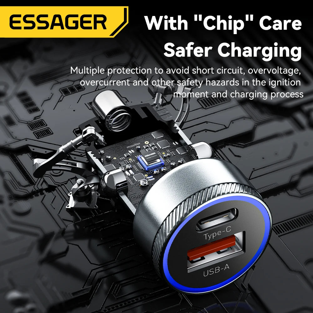 Essager 54W 车载充电器 5A 快速充电 Type C 快速充电 3.0 QC PD 3.0 SCP USB 车载充电器适用于小米三星 iPhone 充电器