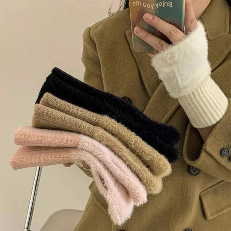 Mink Fleece Soft Winter Half Finger Gloves Women Warm Luxury Solid White Plush Knitted Fingerless Gloves Wrist Mittens Writting