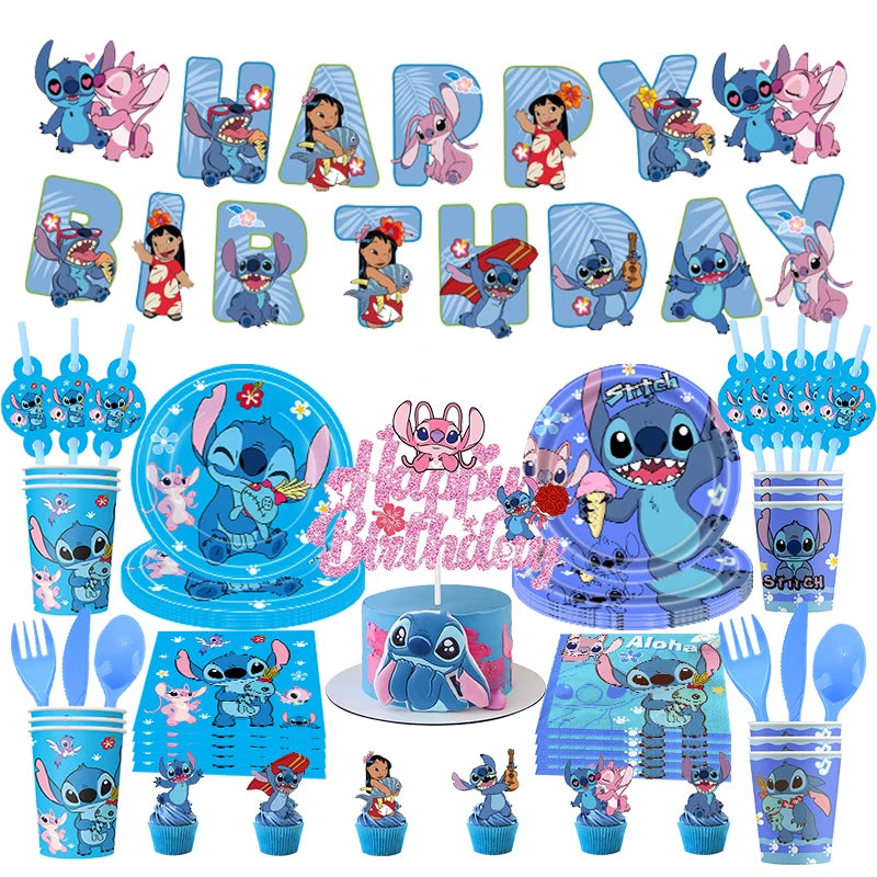 Stitch Disney Birthday Party Decorations Lilo And Stitch Balloons Backdrop Tableware Set Plates Cup Tablecloth Child Supplies