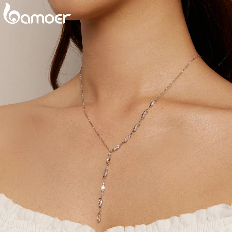 Bamoer 925 Sterling Silver Y-Shaped Pendant Necklace Shiny Waterdrop Long Chain Necklace for Women Engagement Wedding Gift