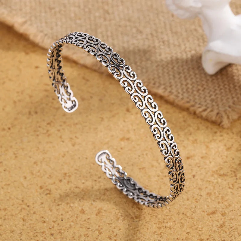 Ethnic Retro Hollow Out Auspicious Cloud Bangle 925 Sterling Silver Fashion Personality Flowers Exquisite Opening Bracelets