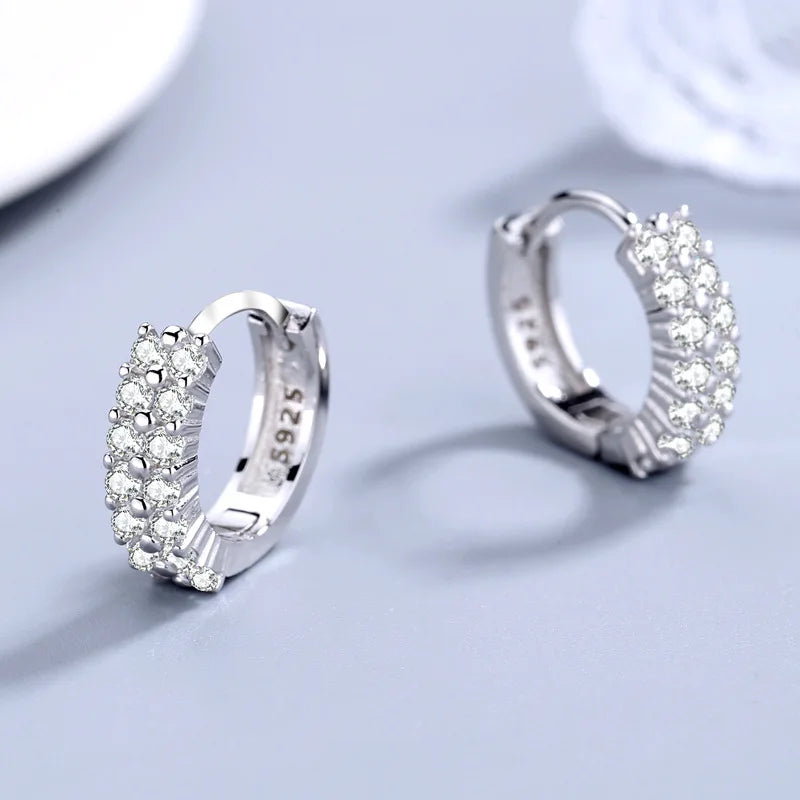 URMYLADY 925 Sterling silver needle Earrings Fashion High Quality Jewelry Double Row Crystal Zircon Round Stud