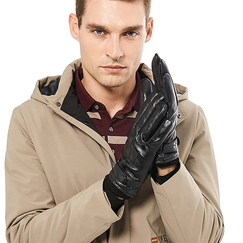 BISON DENIM Men Sheepskin Gloves Winter Thermal Touchscreen Full-finger Mittens Ultralight Windproof Gloves For Driving Riding